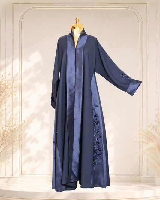 Navy Satin Trim Abaya