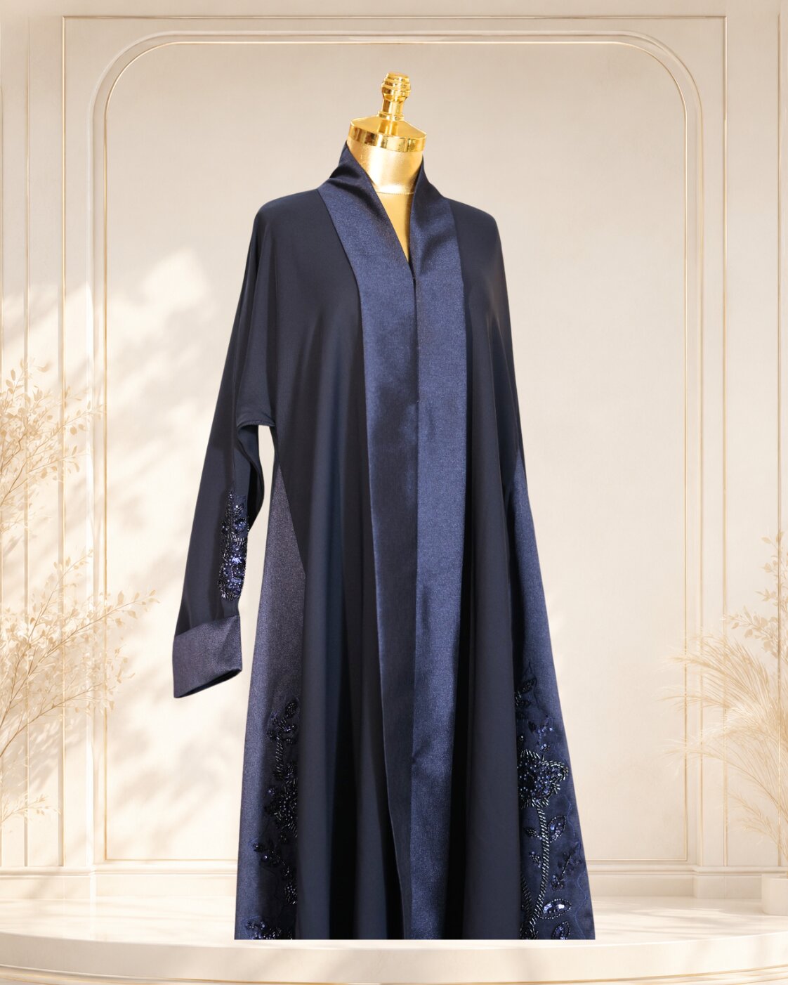 Navy Satin Trim Abaya